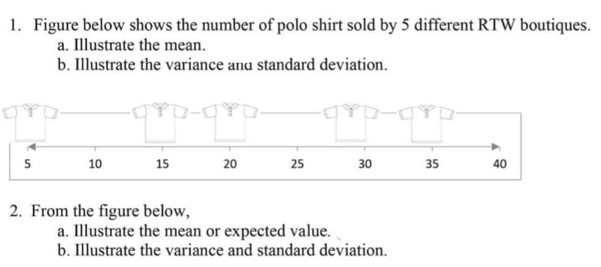 1. Figure below shows the number of polo shirt sold by 5 different RTW boutiques.
a. Illustrate the mean.
b. Illustrate the variance ana standard deviation.
10
15
20
25
30
35
40
2. From the figure below,
a. Illustrate the mean or expected value.
b. Illustrate the variance and standard deviation.
