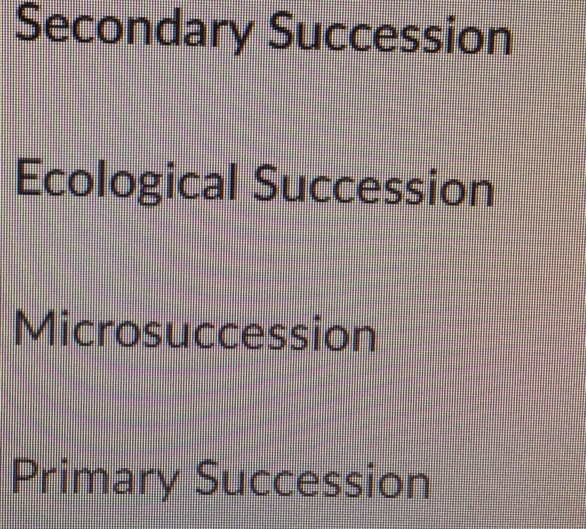 Secondary Succession
Ecological Succession
Microsuccession
Primary Succession
