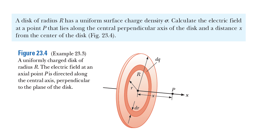 A disk of radius R has a uniform surface charge density o. Calculate the electric field
at a point P that lies along the central perpendicular axis of the disk and a distance x
from the center of the disk (Fig. 23.4).
Figure 23.4 (Example 23.3)
A uniformly charged disk of
dq
radius R. The electric field at an
axial point Pis directed along
the central axis, perpendicular
to the plane of the disk.
R
dr
