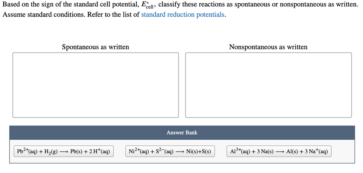 Based on the sign of the standard cell potential, Eel, classify these reactions as spontaneous or nonspontaneous as written.
Assume standard conditions. Refer to the list of standard reduction potentials.
Spontaneous as written
Nonspontaneous as written
Answer Bank
Pb2*(aq) + H2(g) -
Pb(s) + 2 H*(aq)
Ni?*(aq) + s? (aq)
Ni(s)+S(s)
Al3+(aq) + 3 Na(s)
→ Al(s) + 3 Na*(aq)
