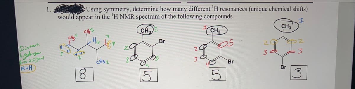 1.
would appear in the 'H NMR spectrum of the following compounds.
Using symmetry, determine how many different 'H resonances (unique chemical shifts)
CHAS
CH3
CH3
CH3
Distert.
Br
3.
25
HH-
ve 25ignd
H+H
3
3.
Br
Br
