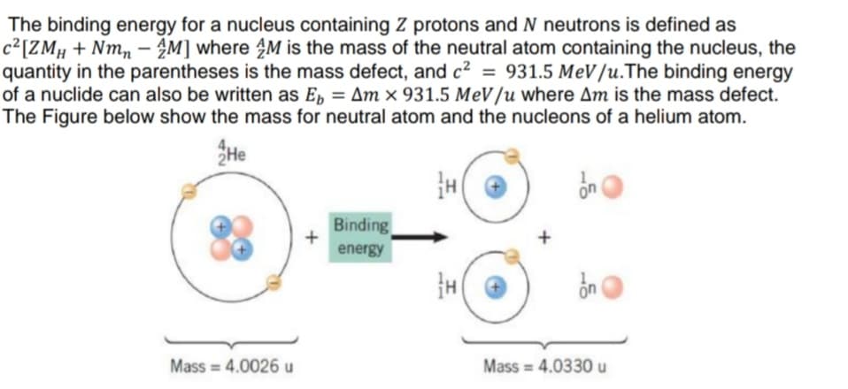 The binding energy for a nucleus containing Z protons and N neutrons is defined as
c²[ZMµ + Nmn – 2M] where M is the mass of the neutral atom containing the nucleus, the
quantity in the parentheses is the mass defect, and c² = 931.5 MeV/u.The binding energy
of a nuclide can also be written as E, = Am × 931.5 MeV/u where Am is the mass defect.
The Figure below show the mass for neutral atom and the nucleons of a helium atom.
%3D
He
on
Binding
energy
Mass = 4.0026 u
Mass = 4.0330 u

