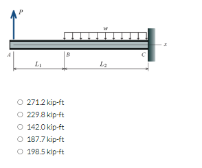 P
L
O 271.2 kip-ft
O 229.8 kip-ft
O 142.0 kip-ft
O 187.7 kip-ft
O 198.5 kip-ft
W
L₂