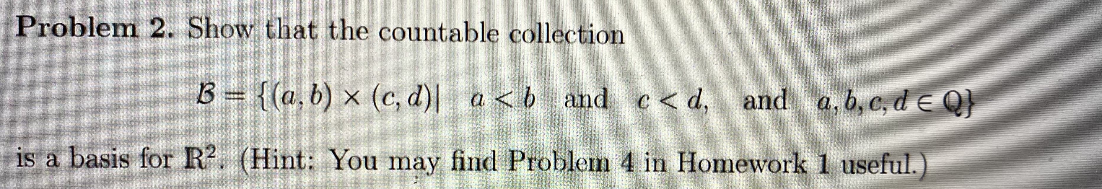 Show that the countable collection
B = {(a,b) × (c, d)| a <b and c< d,
