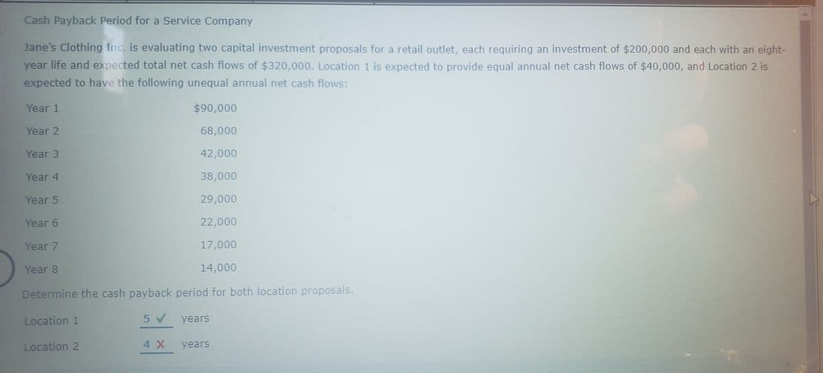 Cash Payback Period for a Service Company
Jane's Clothing Inc. is evaluating two capital investment proposals for a retail outlet, each requiring an investment of $200,000 and each with an eight-
year life and expected total net cash flows of $320,000. Location 1 is expected to provide equal annual net cash flows of $40,000, and Location 2 is
expected to have the following unequal annual net cash flows:
Year 1
$90,000
Year 2
68,000
Year 3
42,000
Year 4
38,000
Year 5
29,000
Year 6
22,000
Year 7
17,000
Year 8
14,000
Determine the cash payback period for both location proposals.
Location 1
years
Location 2
4 X
years
