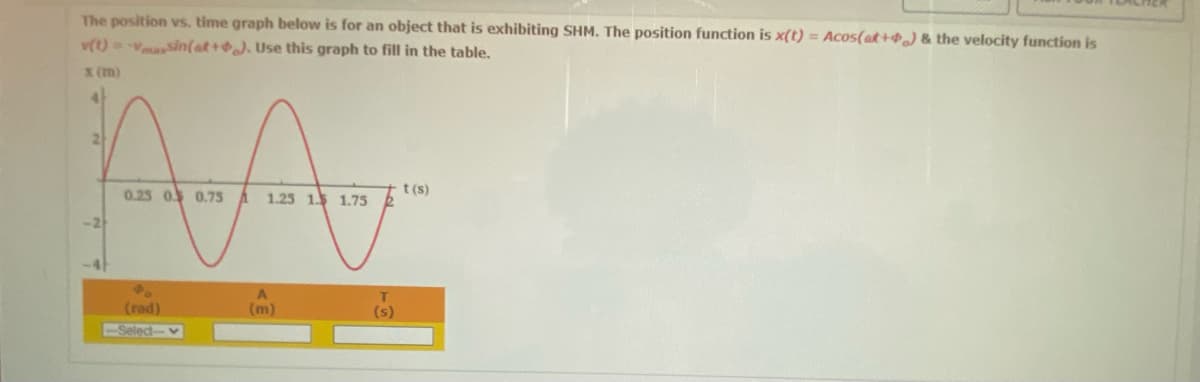 The position vs. time graph below is for an object that is exhibiting SHM. The position function is x(t) = Acos(at+) & the velocity function is
v(t)= -masin(at++). Use this graph to fill in the table.
x (m)
A A
0.25 0.5 0.75 A 1.25 1.5 1.75
40
(rad)
A
(m)
-Select-
t(s)