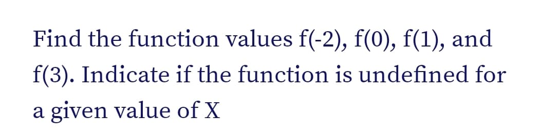 Find the function values f(-2), f(0), f(1), and
f(3). Indicate if the function is undefined for
a given value of X
