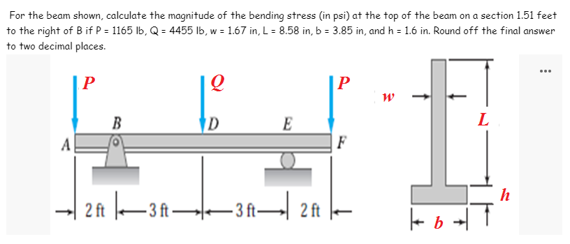 For the beam shown, calculate the magnitude of the bending stress (in psi) at the top of the beam on a section 1.51 feet
to the right of B if P = 1165 lb, Q = 4455 lb, w = 1.67 in, L = 8.58 in, b = 3.85 in, and h = 1.6 in. Round off the final answer
to two decimal places.
P
P
W
L
B
D
E
F
2 ft |▬▬3 k▬▬▬3 f▬| 2 ft
A
кон
h