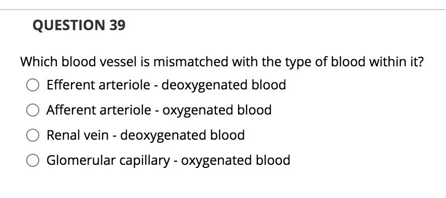 QUESTION 39
Which blood vessel is mismatched with the type of blood within it?
Efferent arteriole - deoxygenated blood
Afferent arteriole - oxygenated blood
Renal vein - deoxygenated blood
Glomerular capillary - oxygenated blood
