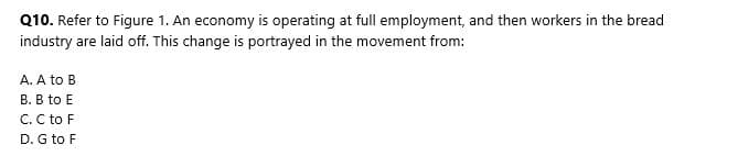 Q10. Refer to Figure 1. An economy is operating at full employment, and then workers in the bread
industry are laid off. This change is portrayed in the movement from:
A. A to B
B. B to E
C. C to F
D. G to F
