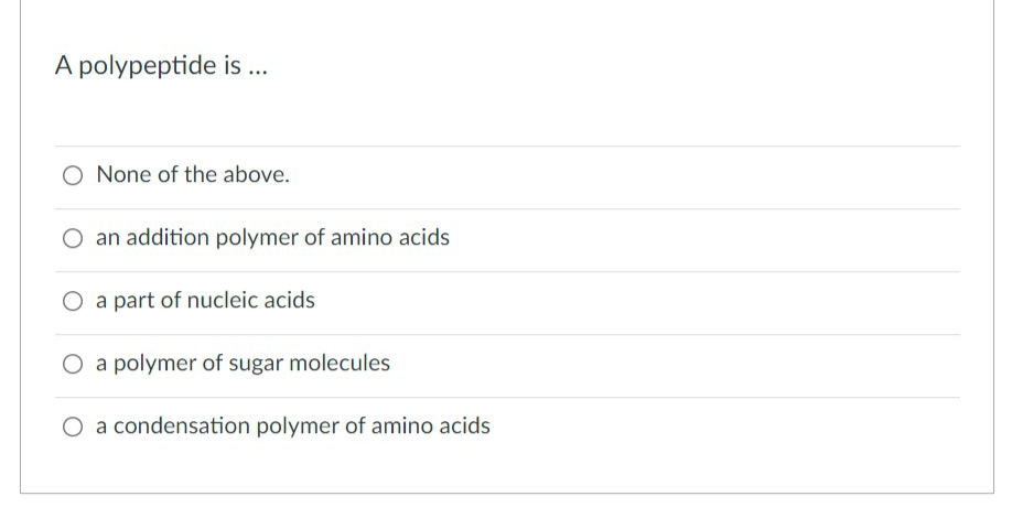 A polypeptide is ...
O None of the above.
O an addition polymer of amino acids
O a part of nucleic acids
O a polymer of sugar molecules
O a condensation polymer of amino acids