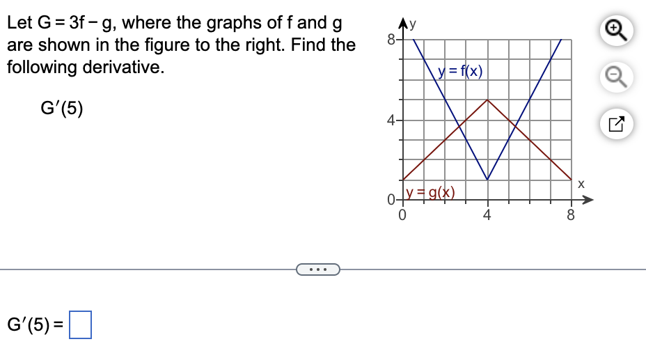 Let G = 3f - g, where the graphs of f and g
are shown in the figure to the right. Find the
following derivative.
G'(5)
G'(5)=
8-
4
y = f(x)
0-v=g(x)
0
4
8
X
+
N