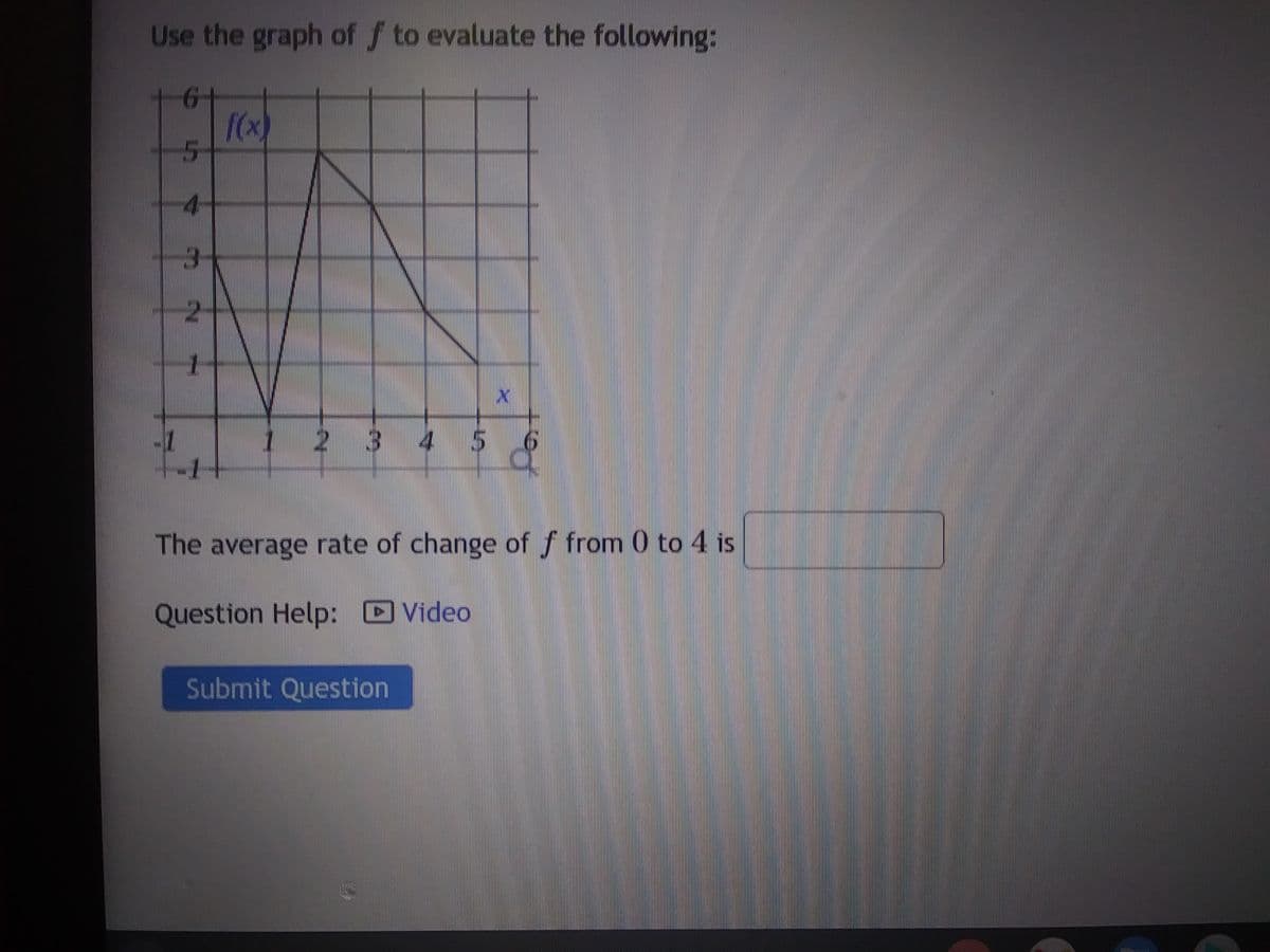 Use the graph of f to evaluate the following:
-1
6
5
4
3
2
f(x)
1 2 3
X
Submit Question
5 6
The average rate of change of f from 0 to 4 is
Question Help: Video