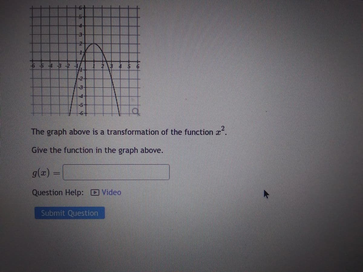 -6 5 -4 -3 -2
f
G
4
2957
-2
43
--4-
1-5
a
The graph above is a transformation of the function ².
Give the function in the graph above.
-6+
g(x) =
Question Help: Video
Submit Question