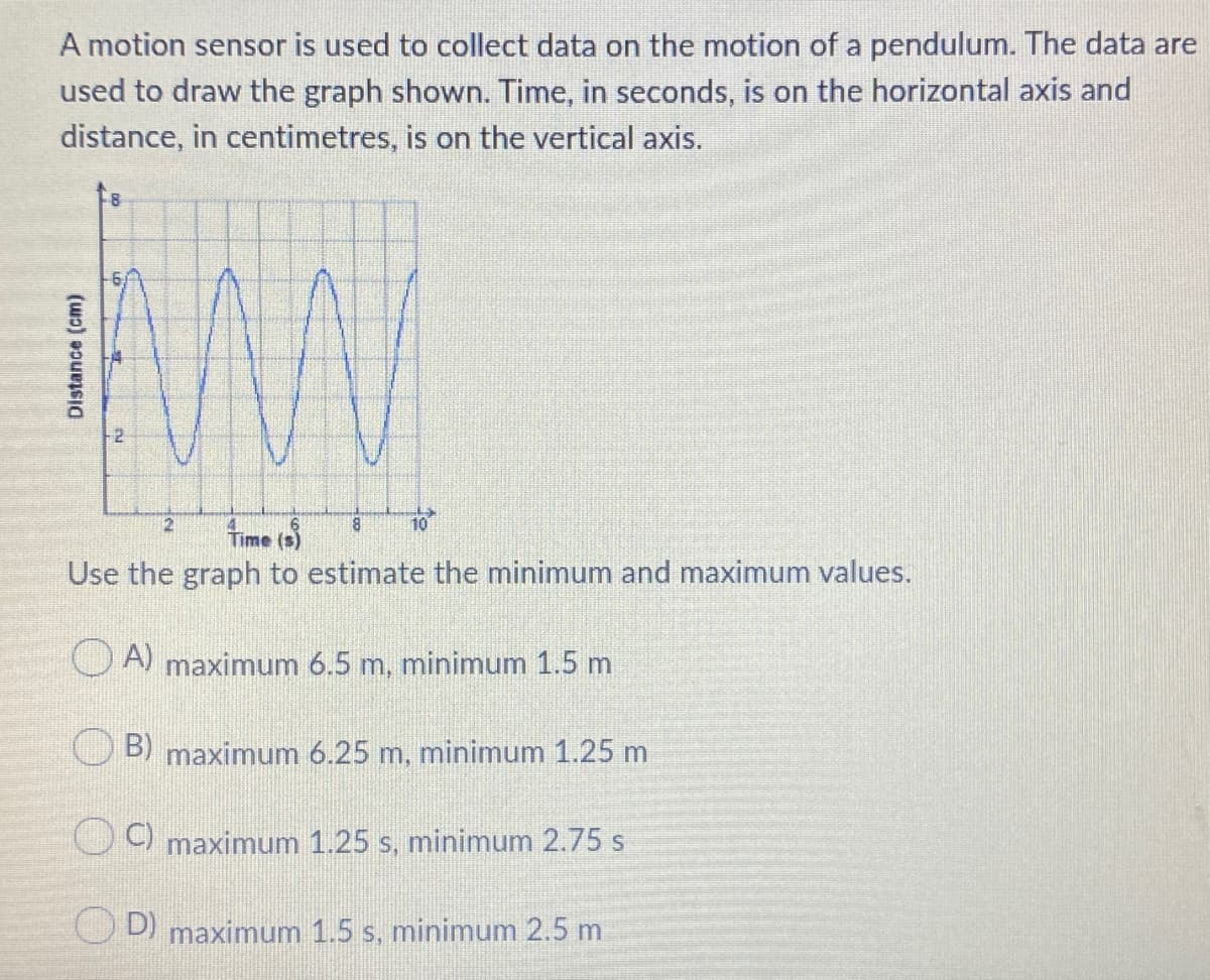 A motion sensor is used to collect data on the motion of a pendulum. The data are
used to draw the graph shown. Time, in seconds, is on the horizontal axis and
distance, in centimetres, is on the vertical axis.
10
Time (s)
Use the graph to estimate the minimum and maximum values.
A) maximum 6.5 m, minimum 1.5 m
B) maximum 6.25 m, minimum 1.25 m
) maximum 1.25 s, minimum 2.75 s
D) maximum 1.5 s, minimum 2.5 m
Distance (cm)
