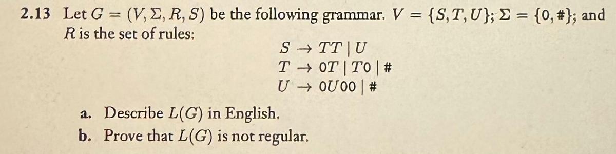 ==
2.13 Let G = (V,E, R, S) be the following grammar. V = {S, T, U}; Σ = {0, #}; and
R is the set of rules;
STT U
TOT TO | #
U0U00 | #
a. Describe L(G) in English,
b. Prove that L(G) is not regular.
