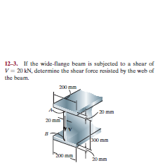12-3. If the wide-flange beam is subjected to a shear of
V= 20 kN, determine the shear force resisted by the web of
the beam.
200 mm
20 mm
20
300 mm
00 mm
20 mm
