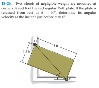 18-26. Two wheels of negligible weight are mounted at
corners A and B of the rectangular 75-lb plate. If the plate is
released from rest at 6 = 90°, determine its angular
velocity at the instant just before 0 = 0.
3 ft
1.5 ft
в
