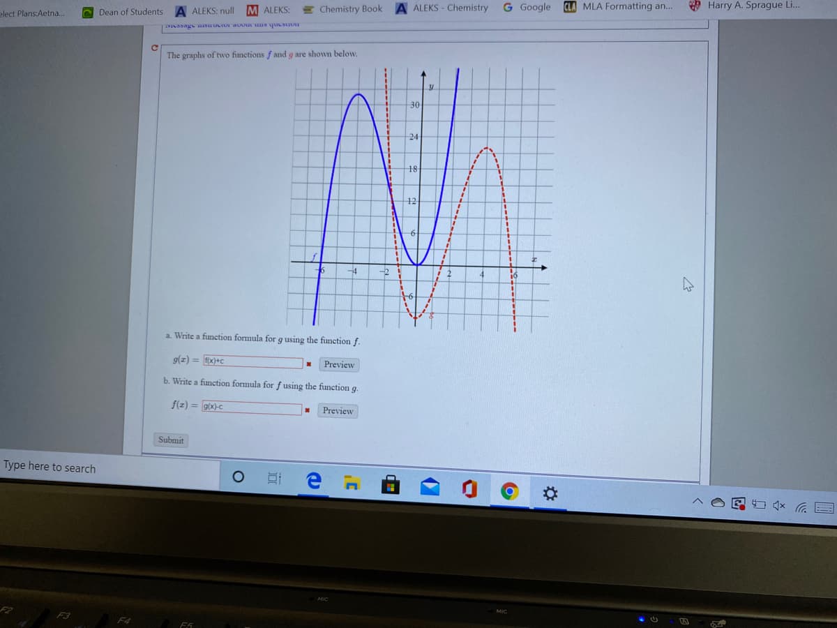 24
18
12
-4
to
%3D
%3D
a. Write a function formula for g using the function f.
9(z) = x+c
Preview
b. Write a function formula for f using the function g.
f(z) = gxc
%3D
Preview
