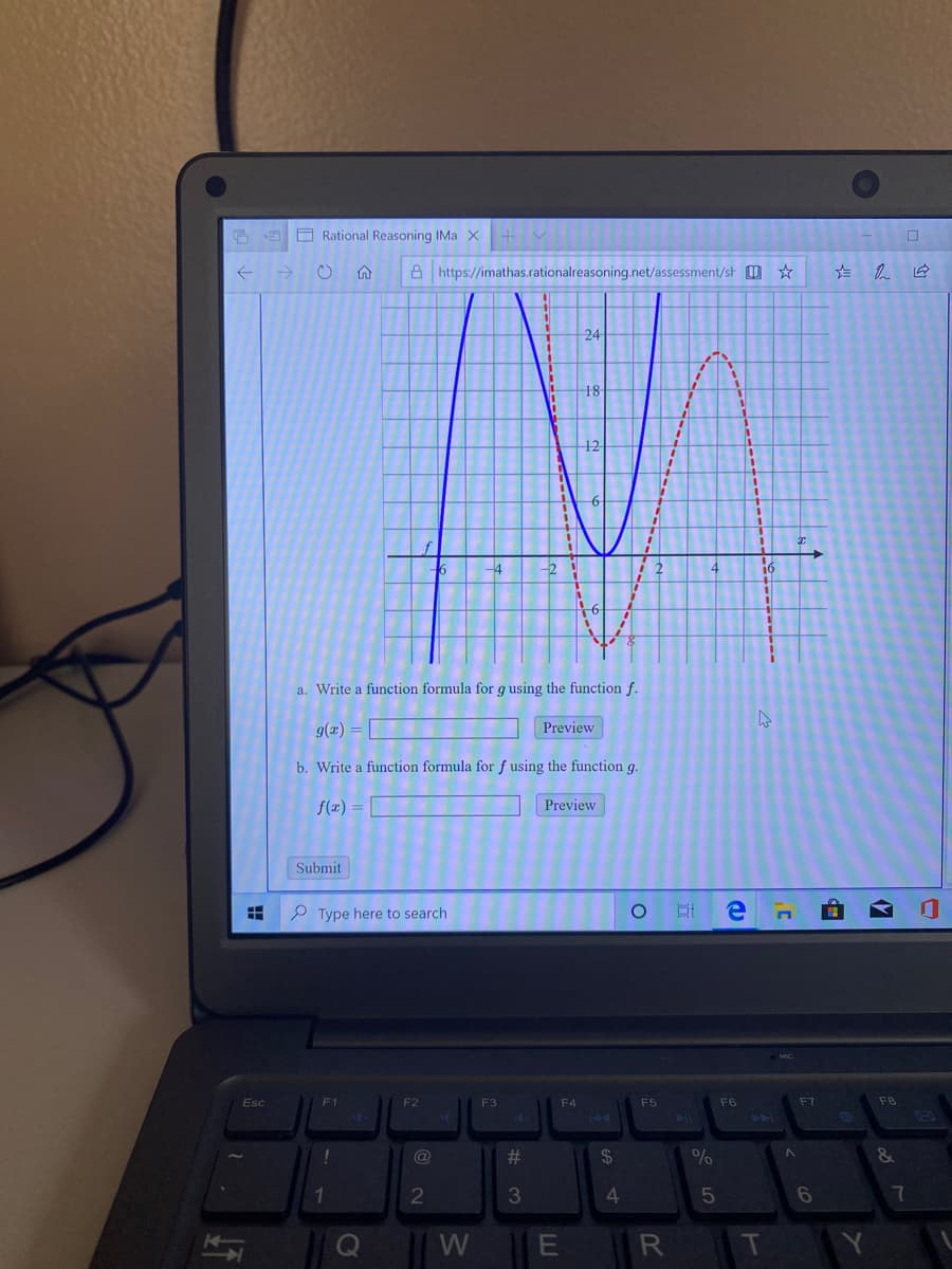 24
18
12
%3D
a. Write a function formula for g using the function f.
g(2) =
Preview
b. Write a function formula for f using the function g.
f(x) =
Preview
