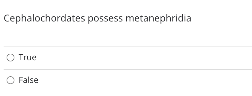 Cephalochordates possess metanephridia
True
O False
