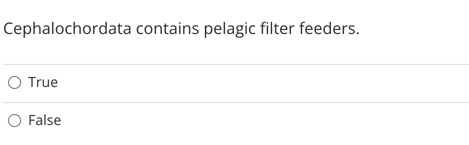 Cephalochordata contains pelagic filter feeders.
O True
False
