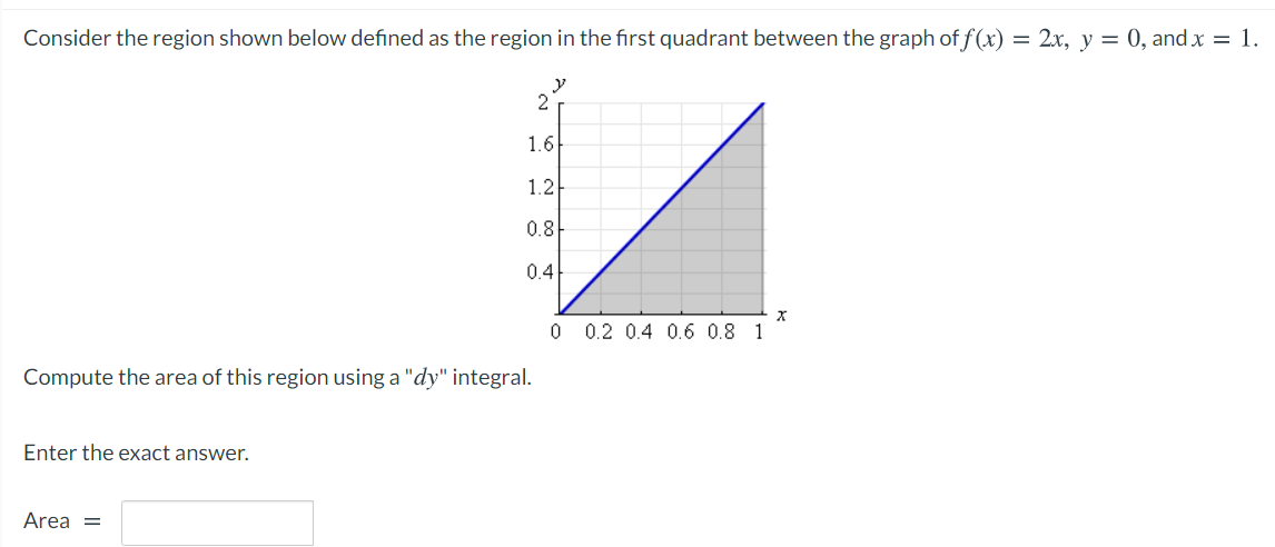 Consider the region shown below defined as the region in the first quadrant between the graph of f(x) = 2x, y = 0, and x = 1.
2
1.6
1.2
0.8
0.4
0.2 0.4 0.6 0.8 1
Compute the area of this region using a "dy" integral.
Enter the exact answer.
Area =
