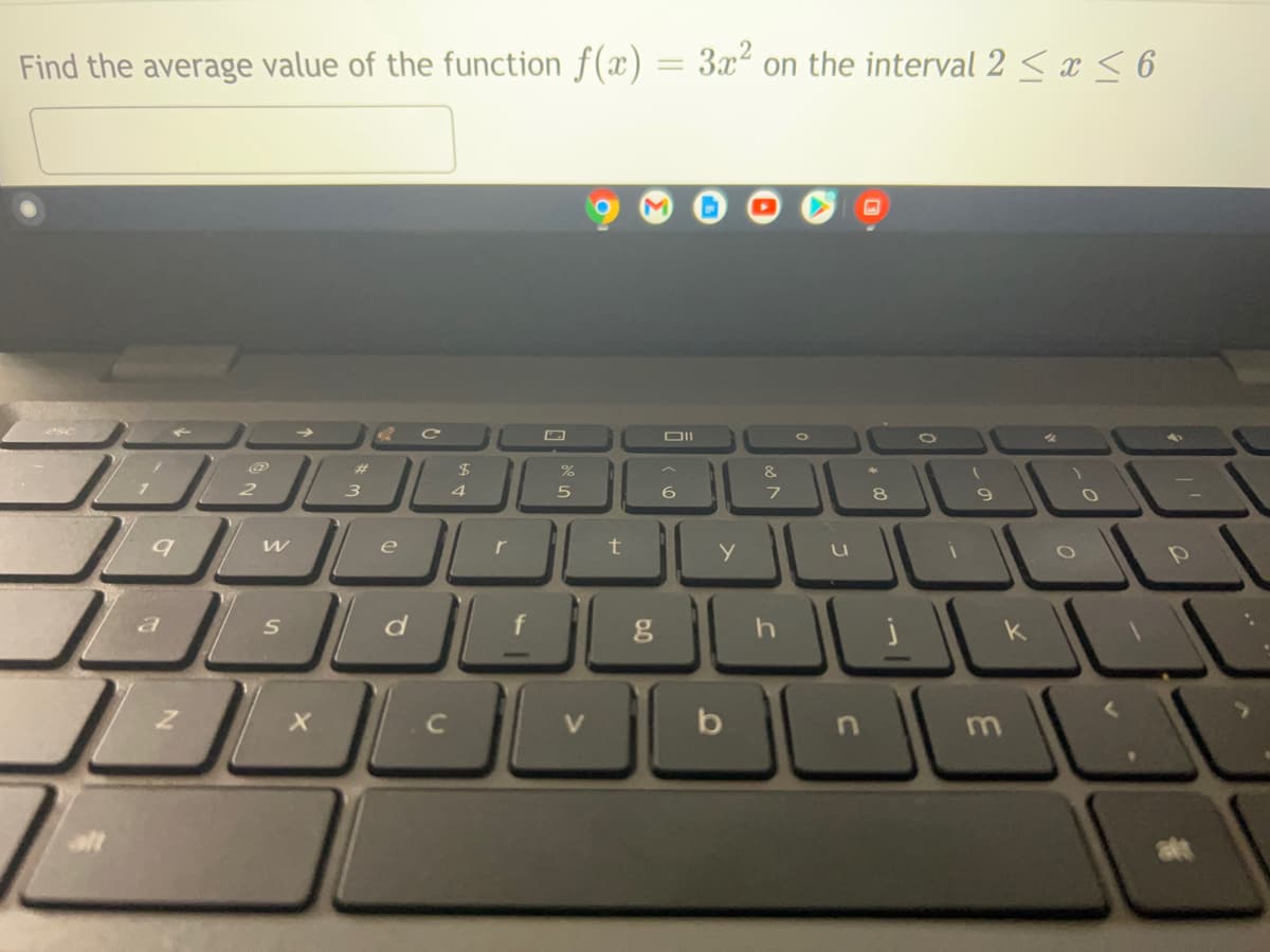 Find the average value of the function f(x)
3x on the interval 2 < x < 6
%23
24
&
3
4
8.
e
r
a
all
alt
