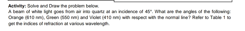 Activity: Solve and Draw the problem below.
A beam of white light goes from air into quartz at an incidence of 45°. What are the angles of the following:
Orange (610 nm), Green (550 nm) and Violet (410 nm) with respect with the normal line? Refer to Table 1 to
get the indices of refraction at various wavelength.
