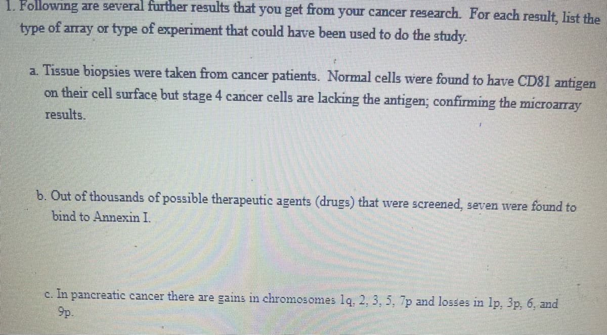 1. Following are several further results that you get from your cancer research. For each result, list the
type of array or type of experiment that could have been used to do the study.
a. Tissue biopsies were taken from cancer patients. Normal cells were found to have CD81 antigen
on their cell surface but stage 4 cancer cells are lacking the antigen; confirming the microarray
results.
b. Out of thousands of possible therapeutic agents (drugs) that were screened, seven were found to
bind to Annexin I.
c. In pancreatic cancer there are gains in chromosomes 1q, 2, 3, 5, 7p and losses in 1p, 3p, 6, and
9p.