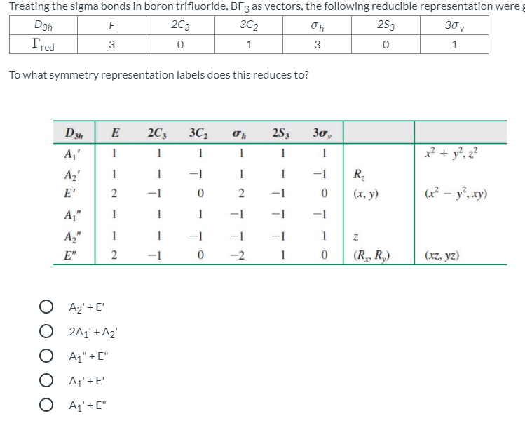 Treating the sigma bonds in boron trifluoride, BF3 as vectors, the following reducible representation were
D3h
E
2C3
3C2
on
253
30 v
Tred
3
1
3
To what symmetry representation labels does this reduces to?
D
E
2C3
3C2
253
30,
* + y°. z?
A,'
1
1
A2'
1
-1
1
1
-1
R.
E'
2
(х, у)
(x² – y², xy)
A,"
1
1
-1
-1
A,"
1
1
-1
-1
-1
(R, R,)
(xz, yz)
E"
-1
-2
1
O 2'+E'
O 2A1'+ A2'
A1" + E"
O A1'+ E'
O Aj' +E"
2.
