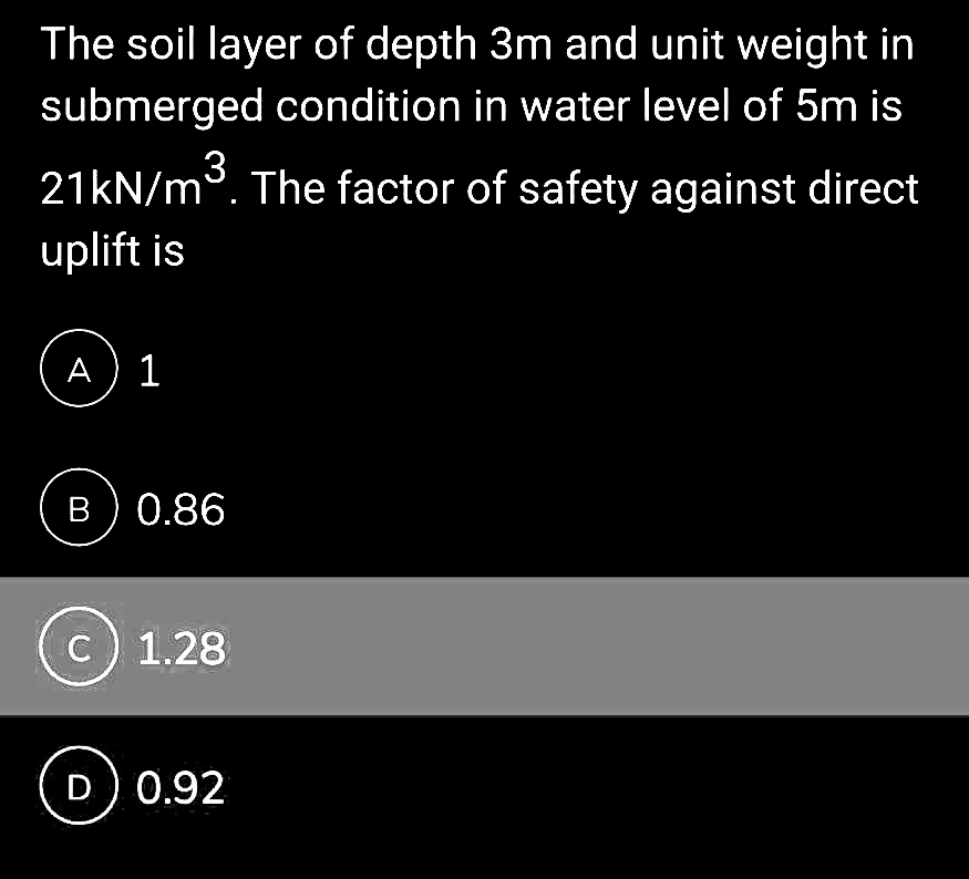 The soil layer of depth 3m and unit weight in
submerged condition in water level of 5m is
21kN/m³. The factor of safety against direct
uplift is
A 1
B) 0.86
C) 1.28
D 0.92