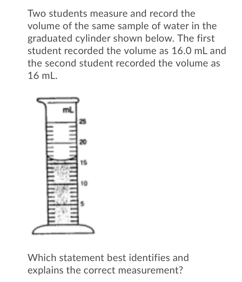 Two students measure and record the
volume of the same sample of water in the
graduated cylinder shown below. The first
student recorded the volume as 16.0 mL and
the second student recorded the volume as
16 mL.
ml
20
15
10
Which statement best identifies and
explains the correct measurement?
