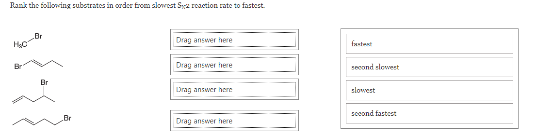 Rank the following substrates in order from slowest Sy2 reaction rate to fastest.
Br
H3C
Drag answer here
fastest
Br
Drag answer here
second slowest
Br
Drag answer here
slowest
Br
second fastest
Drag answer here
