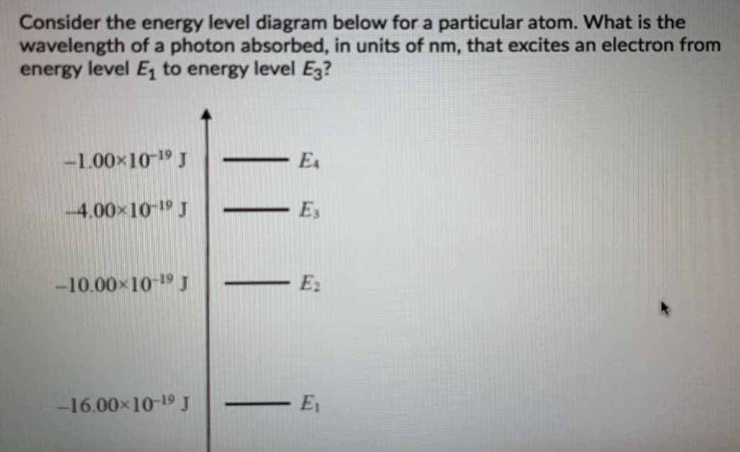 Consider the energy level diagram below for a particular atom. What is the
wavelength of a photon absorbed, in units of nm, that excites an electron from
energy level E, to energy level Ez?
-1.00x10-19 J
EA
4.00x10-1 J
Es
-10.00x10 19 J
E2
-16.00x10-19 J
-E
