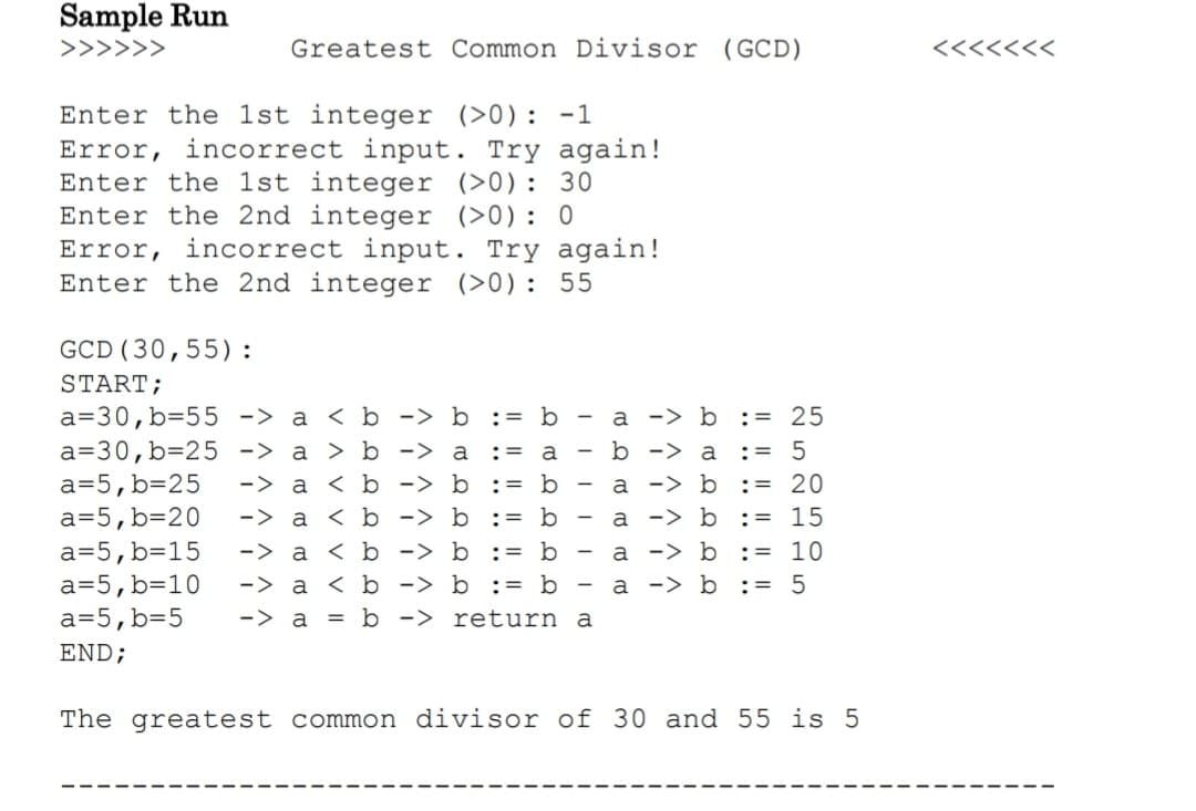 Sample Run
Greatest Common Divisor (GCD)
<<<<<<<
Enter the 1st integer (>0): -1
Error, incorrect input. Try again!
Enter the 1st integer (>0): 30
Enter the 2nd integer (>0): 0
Error, incorrect input.
Enter the 2nd integer (>0): 55
Try again!
GCD (30,55):
START;
a -> b := 25
a=30,b=55 -> a < b -> b
a=30,b=25 -> a > b -> a
a=5,b=25
a=5,b=20
a=5,b=15
a=5,b=10
a=5,b=5
:= b
:= a
- b -> a
:= 5
-> a < b -> b := b
a -> b := 20
-> a < b -> b := b
a -> b := 15
-> a < b -> b := b
a -> b := 10
-> a < b -> b := b
a -> b := 5
-> a
= b -> return a
END;
The greatest common divisor of 30 and 55 is 5
