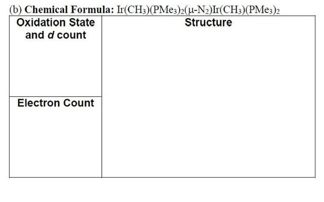 (b) Chemical Formula: Ir(CH3)(PME3)2(u-N2)Ir(CH;)(PME3)2
Oxidation State
and d count
Structure
Electron Count
