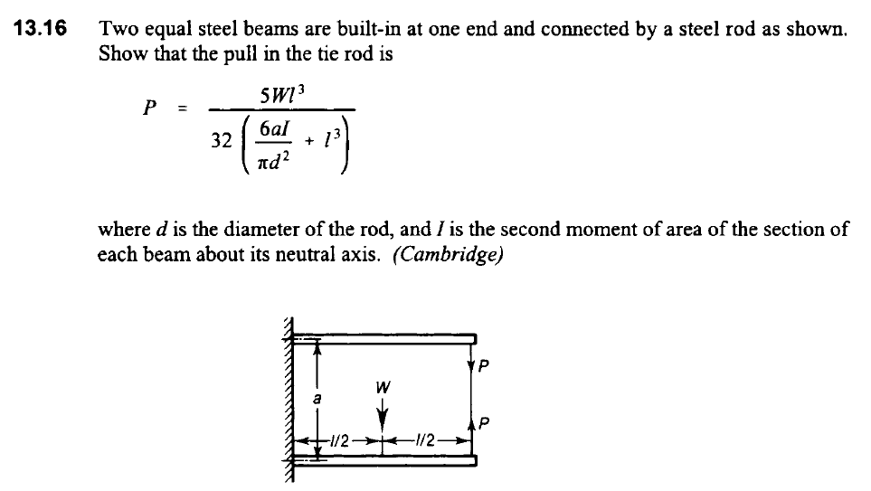 13.16
Two equal steel beams are built-in at one end and connected by a steel rod as shown.
Show that the pull in the tie rod is
SWI3
P
32
баl
13
nd?
where d is the diameter of the rod, and I is the second moment of area of the section of
each beam about its neutral axis. (Cambridge)
W
1/2 i-1/2

