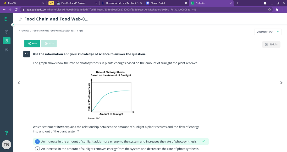 e Emuos
VIP
A Free Roblox VIP Servers
Homework Help and Textbook S X
C Clever | Portal
E- Edulastic
+
A app.edulastic.com/home/class/5f6e06b95dd16ded17fbd359/test/6036c80ed0c2740008f8a2de/testActivityReport/6036d17cf3b3d00008ac1446
E-
O Food Chain and Food Web-0...
< GRADES / FOOD CHAIN AND FOOD WEB-02/24/2021 15:41 / Q15
Question 15/21
O PLAY
O STOP
O 191.1s
15
Use the information and your knowledge of science to answer the question.
The graph shows how the rate of photosynthesis in plants changes based on the amount of sunlight the plant receives.
Rate of Photosynthesis
Based on the Amount of Sunlight
Amount of Sunlight
Source: BBC.
Which statement best explains the relationship between the amount of sunlight a plant receives and the flow of energy
into and out of the plant system?
A An increase in the amount of sunlight adds more energy to the system and increases the rate of photosynthesis.
TN
B
An increase in the amount of sunlight removes energy from the system and decreases the rate of photosynthesis.
Rate of Photosynthesis
