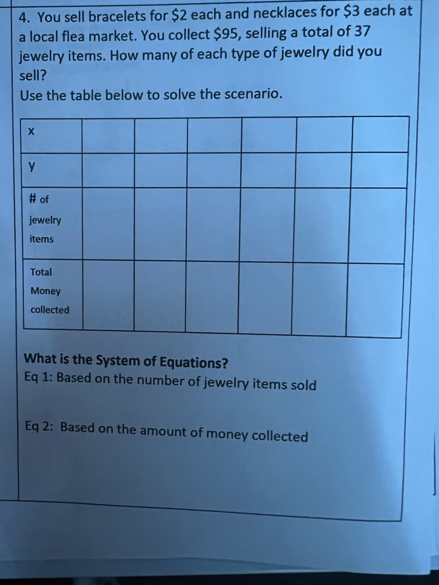 4. You sell bracelets for $2 each and necklaces for $3 each at
a local flea market. You collect $95, selling a total of 37
jewelry items. How many of each type of jewelry did you
sell?
Use the table below to solve the scenario.
# of
jewelry
items
Total
Money
collected
What is the System of Equations?
Eq 1: Based on the number of jewelry items sold
Eq 2: Based on the amount of money collected
