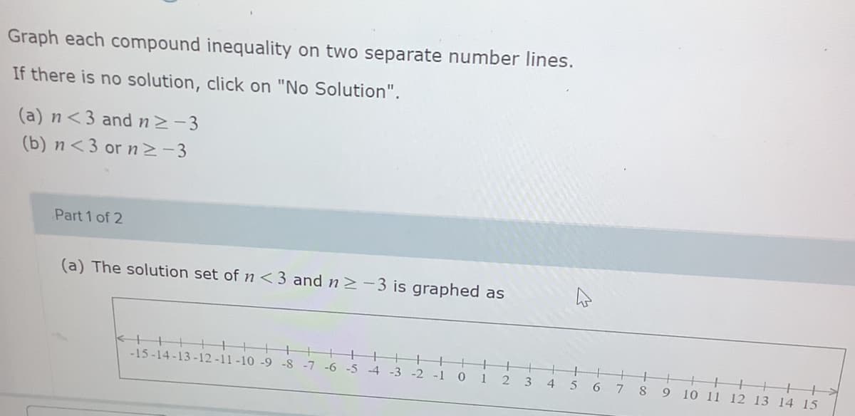 Graph each compound inequality on two separate number lines.
If there is no solution, click on "No Solution".
(a) n<3 and n2-3
(b) n<3 or n-3
Part 1 of 2
(a) The solution set of n<3 and n>-3 is graphed as
-15-14 -13 -12-11-10 -9 -8 -7 -6 -5 -4 -3 -2
-1
1
3
4 5 6 7
9 10 11 12 13 14 15
8
