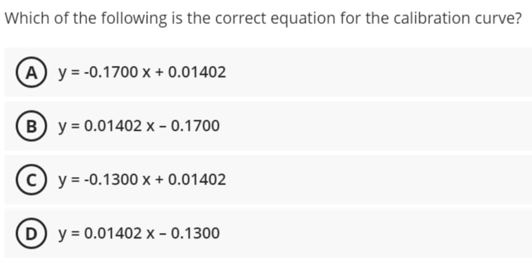 Which of the following is the correct equation for the calibration curve?
(A) y = -0.1700 x + 0.01402
B) y = 0.01402 x - 0.1700
y = -0.1300 x + 0.01402
D) y = 0.01402 x - 0.1300