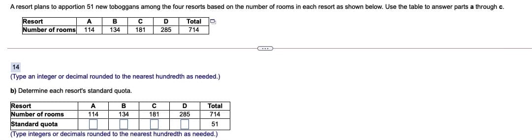 A resort plans to apportion 51 new toboggans among the four resorts based on the number of rooms in each resort as shown below. Use the table to answer parts a through c.
Total
Resort
Number of rooms
A
В
114
134
181
285
714
14
(Type an integer or decimal rounded to the nearest hundredth as needed.)
b) Determine each resort's standard quota.
Resort
Number of rooms
A
В
D
Total
114
134
181
285
714
Standard quota
(Type integers or decimals rounded to the nearest hundredth as needed.)
51
