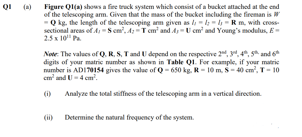 (a)
Figure Q1(a) shows a fire truck system which consist of a bucket attached at the end
of the telescoping arm. Given that the mass of the bucket including the fireman is W
= Q kg, the length of the telescoping arm given as l1 = l2 = l3 = R m, with cross-
sectional areas of A1 = S cm?, A2 = T cm? and A3 = U cm? and Young's modulus, E =
2.5 x 10' Pa.
Q1
Note: The values of Q, R, S, T and U depend on the respective 2nd, 3rd, 4th, 5th, and 6th
digits of your matric number
number is AD170154 gives the value of Q = 650 kg, R = 10 m, S = 40 cm², T = 10
cm? and U = 4 cm?.
shown in Table Q1. For example, if your matric
(i)
Analyze the total stiffness of the telescoping arm in a vertical direction.
(ii)
Determine the natural frequency of the system.
