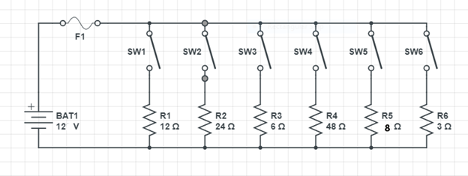 F1
SW1
sw2
Sw3
SW4
SW5
SW6
BAT1
12 V
R1
R2
R3
R4
R5
R6
120
24 2
48 0
