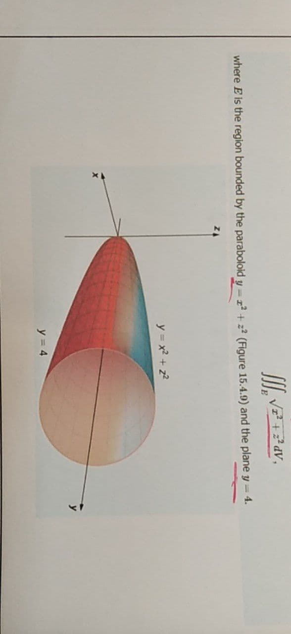 I. V +dv,
where E is the region bounded by the paraboloid y = z + z? (Figure 15.4.9) and the plane y = 4.
%3D
y = x2 + z?
y = 4
