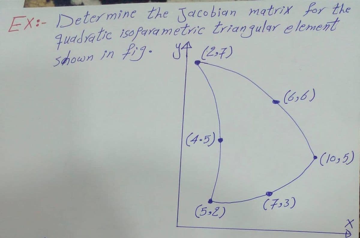 EX:- Determine the Jacobian matrix for the
quadratic isoparametric triangular element
shown in fig. Y↑ (2,7)
y4
(6,6)
(4-5).
(5.2)
(793)
➤ (10,5)
XA