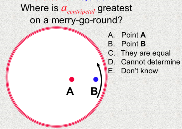 Where is a centripetal greatest
on a merry-go-round?
A. Point A
B. Point B
C. They are equal
D. Cannot determine
E. Don't know
A
A B/
