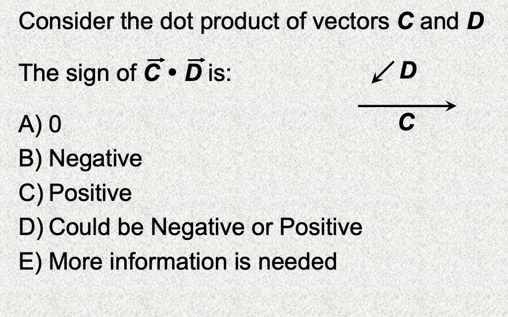 Consider the dot product of vectors C and D
The sign of C • Dis:
C
A) 0
B) Negative
C) Positive
D) Could be Negative or Positive
E) More information is needed
