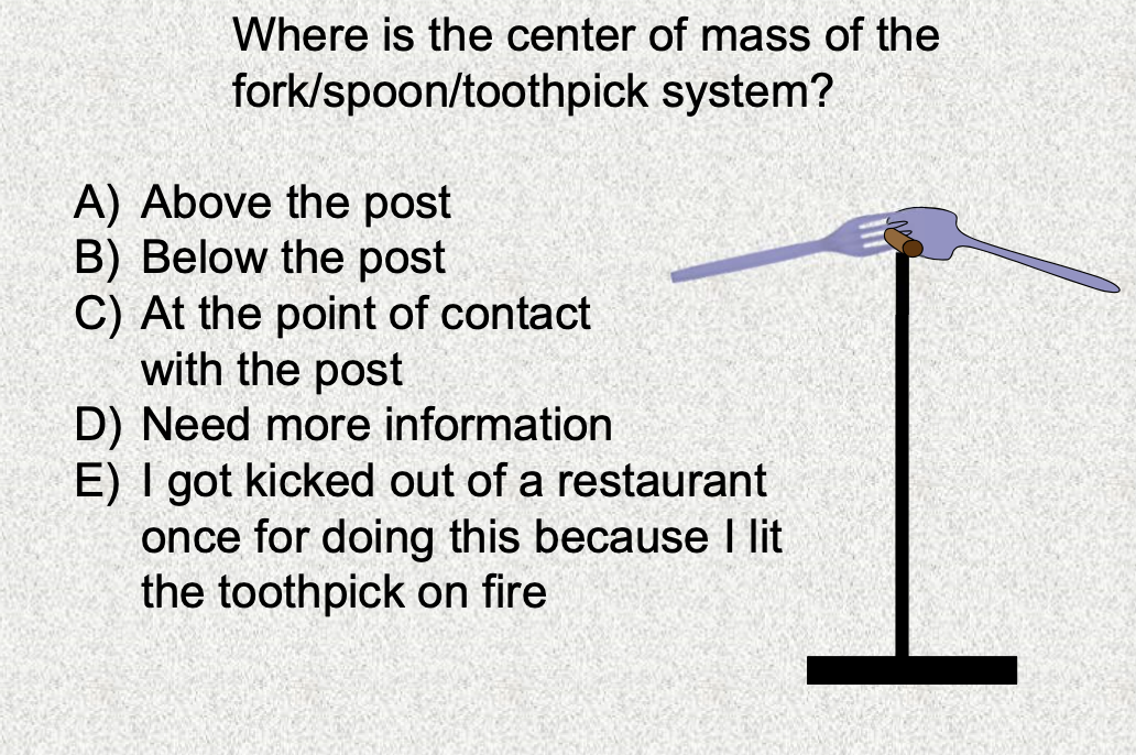 Where is the center of mass of the
fork/spoon/toothpick system?
A) Above the post
B) Below the post
C) At the point of contact
with the post
D) Need more information
E) I got kicked out of a restaurant
once for doing this because I lit
the toothpick on fire
